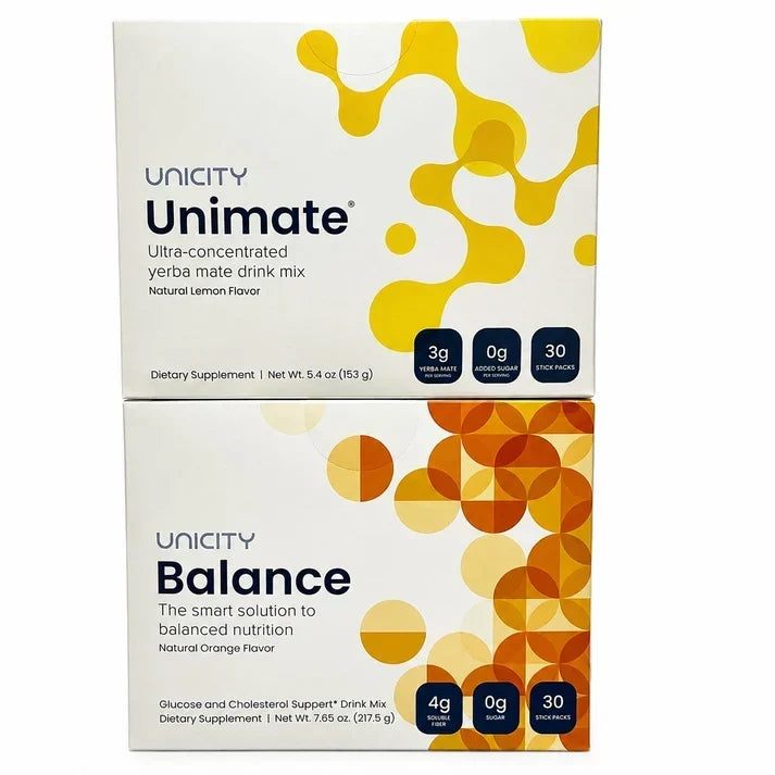 Unicity Unimate Lemon & Balance Orange Combo Pack | 30 Stick Packs Each | Yerba Mate Energy & Fiber Nutrition Drink Mix