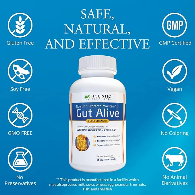 Holistic Health Labs Gut Alive - All Natural Support to Fight IBS, Heartburn & (60 Count (Pack of 3)