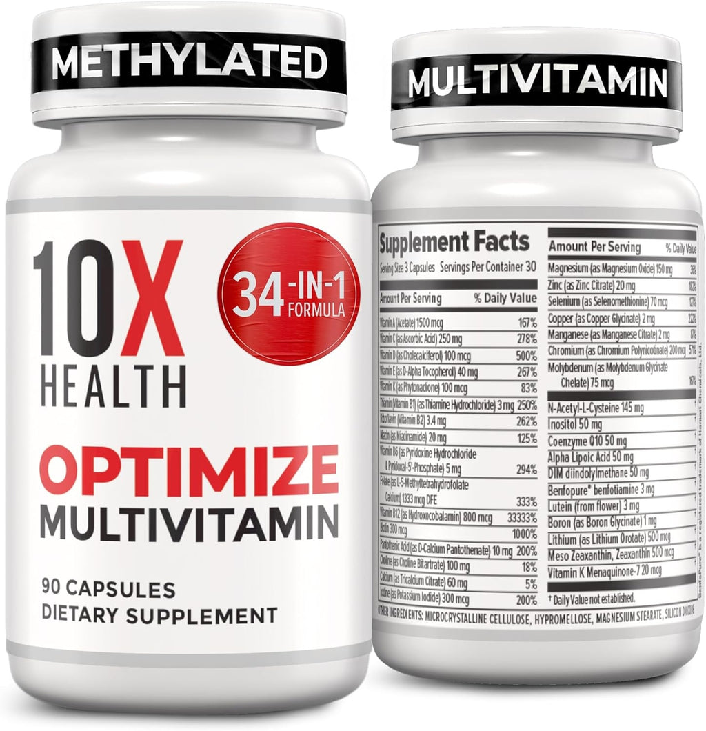 10X Health Optimize Methylated Multivitamin – 34-in-1 Bioavailable Formula with Activated B-Complex (90 Capsules)
