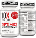10X Health Optimize Methylated Multivitamin – 34-in-1 Bioavailable Formula with Activated B-Complex (90 Capsules)