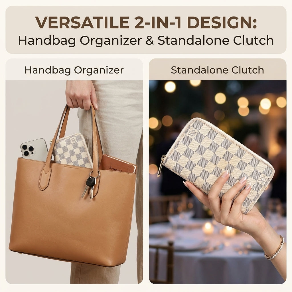 Classic Cream Checkered Zip-Around Long Wallet – Multi-Card Organizer & Clutch