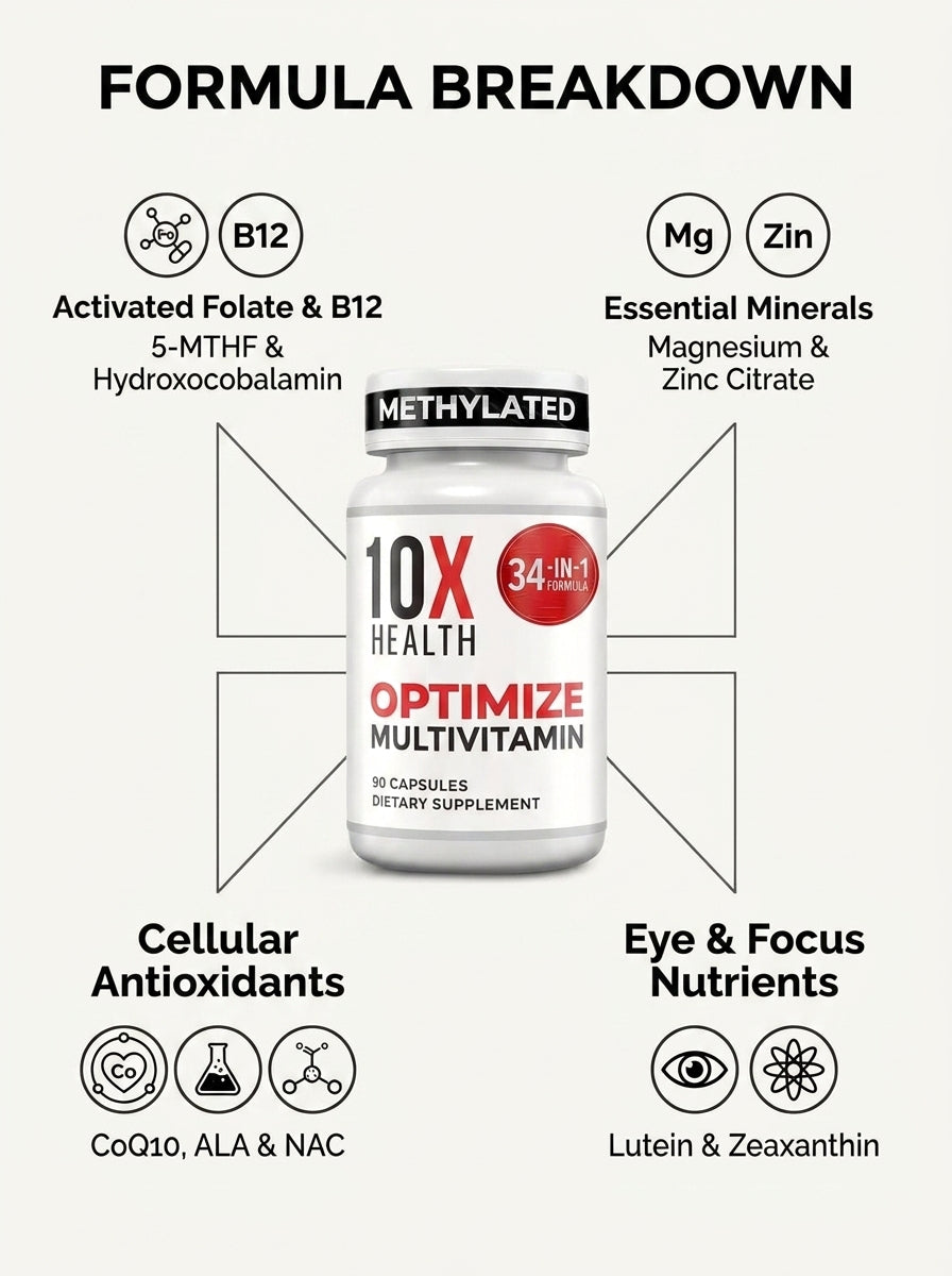 10X Health Optimize Methylated Multivitamin – 34-in-1 Bioavailable Formula with Activated B-Complex (90 Capsules)