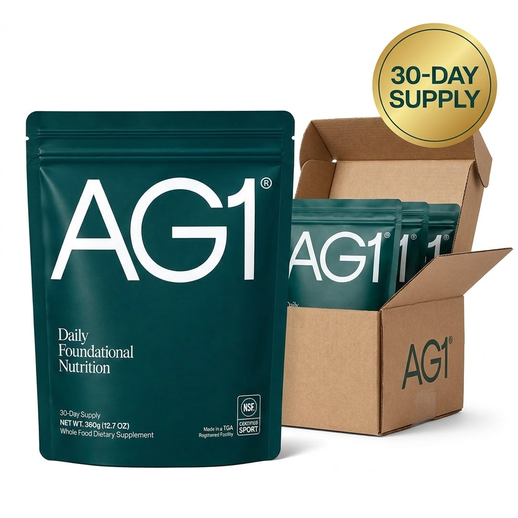 AG1 Daily Foundational Nutrition Powder – All-In-One Daily Greens Supplement (30-Day Supply + Travel Packets)