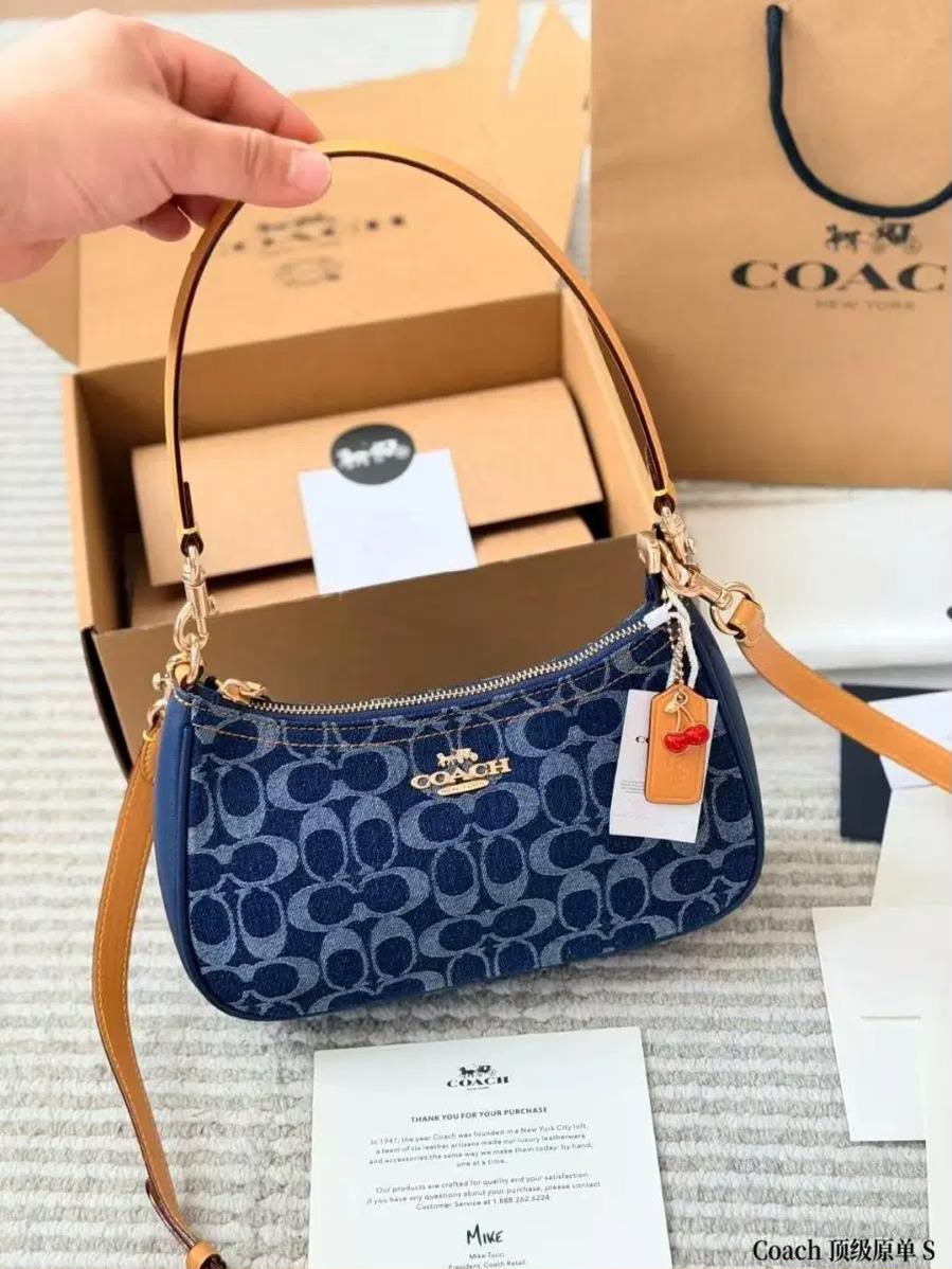 Coach Signature Denim Hobo Bag – Navy Blue with Cherry Charm