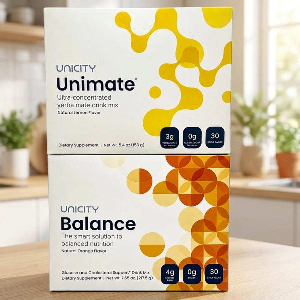 Unicity Unimate Lemon & Balance Orange Combo Pack | 30 Stick Packs Each | Yerba Mate Energy & Fiber Nutrition Drink Mix