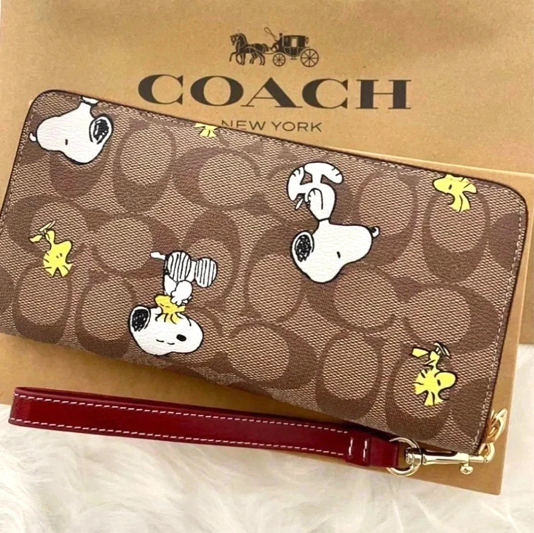 COACH x PEANUTS Long Zip Around Wallet Snoopy Woodstock Khaki Signature CE705